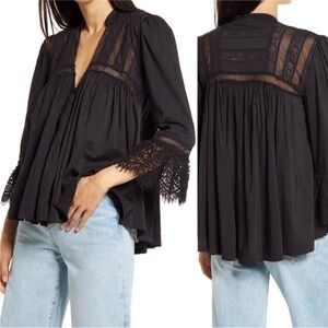 Free People Black Boho button down Lace Victorian Esme Top blouse sz medium